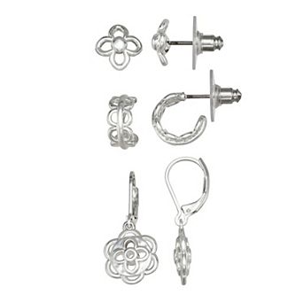 Napier 3-Pair Silver-Tone Floral Stud & Hoop Earring Set