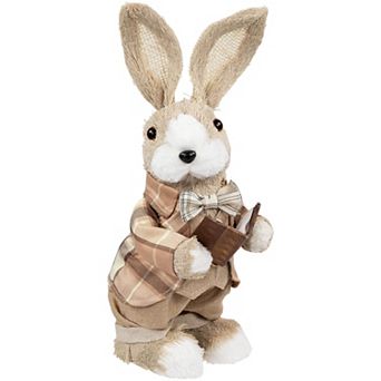 Northlight 12 Inch Easter Rabbit Figurine with Plaid Jacket Table Decor