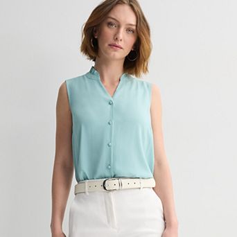Petite Nine West Ruffle Collar Sleeveless Button Down Top
