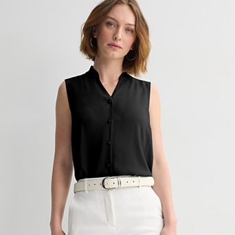 Petite Nine West Ruffle Collar Sleeveless Button Down Top