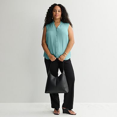 Plus Size Nine West Ruffle Collar Sleeveless Button-Down Blouse
