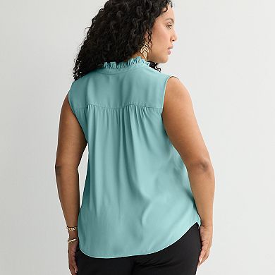 Plus Size Nine West Ruffle Collar Sleeveless Button-Down Blouse