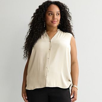 Plus Size Nine West Ruffle Collar Sleeveless Button-Down Blouse