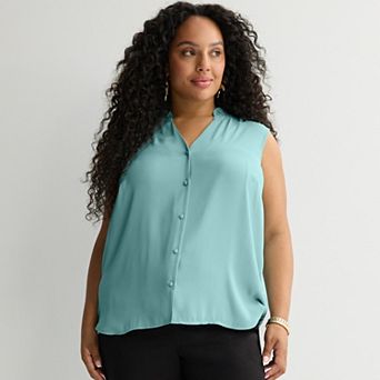 Plus Size Nine West Ruffle Collar Sleeveless Button-Down Blouse