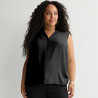 Plus Size Nine West Ruffle Collar Sleeveless Button-Down Blouse