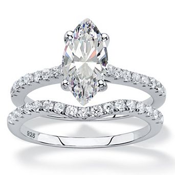 PalmBeach Jewelry 2.34 TCW Marquise Cubic Zirconia Platinum-plated Silver 2 pc Bridal Ring Set