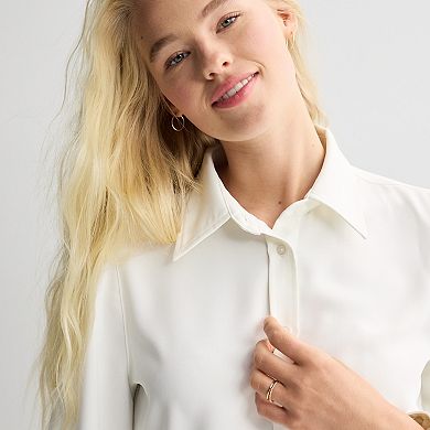 Juniors' SO® Long Sleeve Button Front Drapey Woven Top