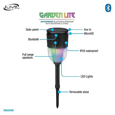 iLive GardenLite Waterproof Bluetooth Speaker with Removable Stake