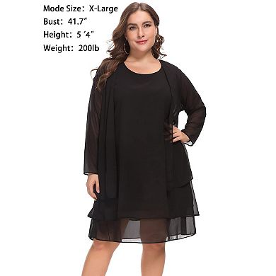 2Pcs Plus Size Womens Chiffon Dress Mother Of The Bride Dresses Long Sleeve Knee Length Jacket Dress