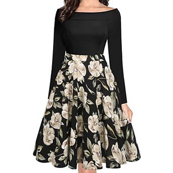 Womens Casual Floral Flare Dress Long Sleeve Party Outfit