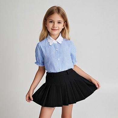 Girls Button Down Shirt Puff Sleeves Blouse Summer Cute Top Doll Collar School Uniform