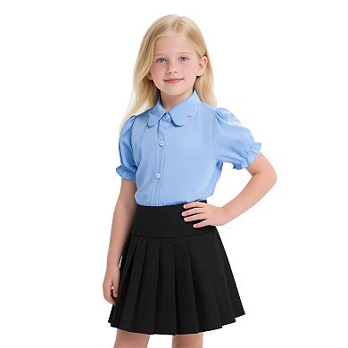 Girls Button Down Shirt Puff Sleeves Blouse Summer Cute Top Doll Collar School Uniform