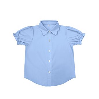 Girls Button Down Shirt Puff Sleeves Blouse Summer Cute Top Doll Collar School Uniform