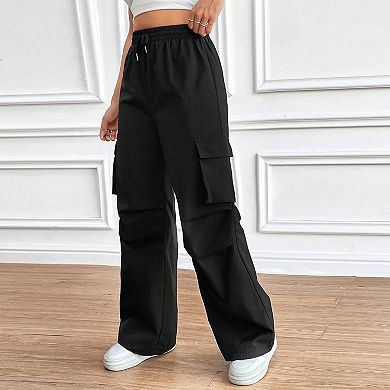 Women's Cargo Pants High Waist Drawstring Wide Leg Cargo Pockets Casual Loose Fit Trousers