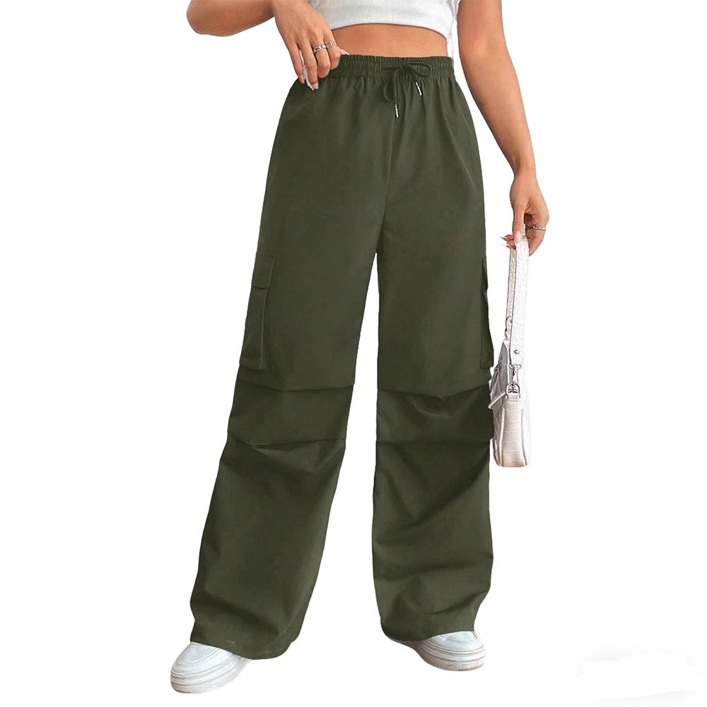 Womens Cargo Pants Elastic High Waist Wide Leg Trousers
