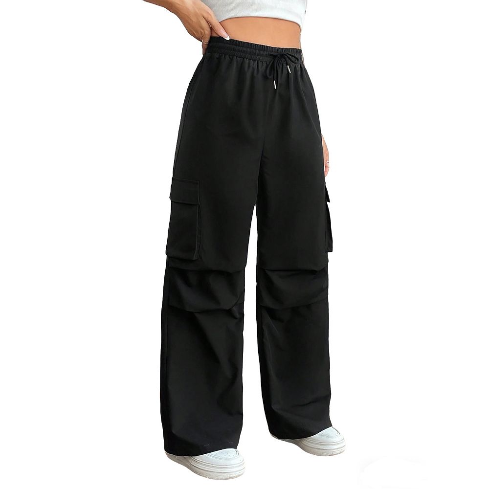 【miiiyu】Lig. wide cargo pants ブラック Women's Cargo Pants High Waist Drawstring Wide Leg Cargo Pockets