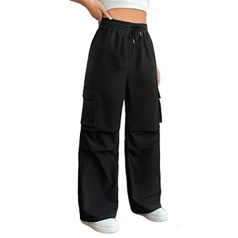 Women's Cargo Pants High Waist Drawstring Wide Leg Cargo Pockets Casual Loose Fit Trousers