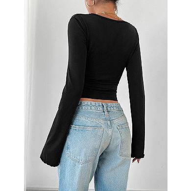 Women's Lace V-Neck Long Sleeve Crop Top Slim Fit Flared Cuff Blouse