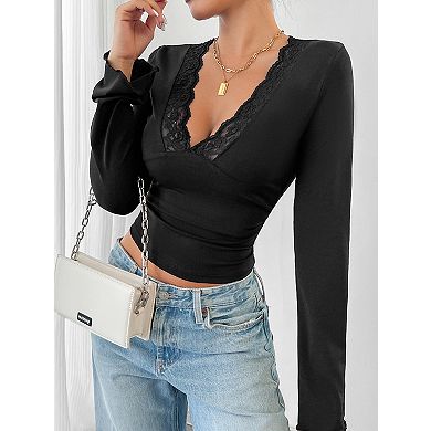 Women's Lace V-Neck Long Sleeve Crop Top Slim Fit Flared Cuff Blouse