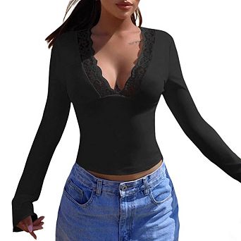 Women's Lace V-Neck Long Sleeve Crop Top Slim Fit Flared Cuff Blouse