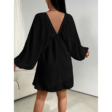 Women's Ruched Long Sleeve Mini Dress Deep V-Neck Backless Flowy Babydoll Dress