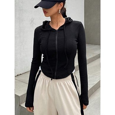 Women's Ribbed Hooded Zip-Up Crop Top Slim-Fit Long Sleeve Cardigan