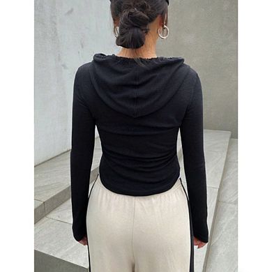Women's Ribbed Hooded Zip-Up Crop Top Slim-Fit Long Sleeve Cardigan