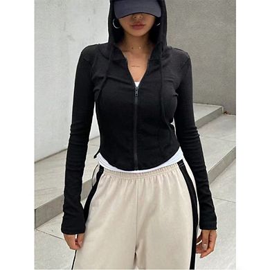 Women's Ribbed Hooded Zip-Up Crop Top Slim-Fit Long Sleeve Cardigan