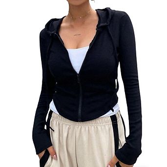 Women's Ribbed Hooded Zip-Up Crop Top Slim-Fit Long Sleeve Cardigan