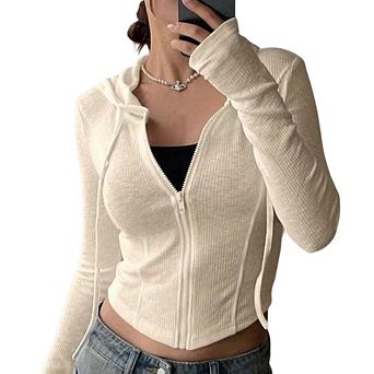 Women's Ribbed Hooded Zip-Up Crop Top Slim-Fit Long Sleeve Cardigan