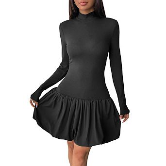 Women's Turtleneck Ribbed Long Sleeve Mini Dress High Waist Flared Ruffle Bodycon Party Dress