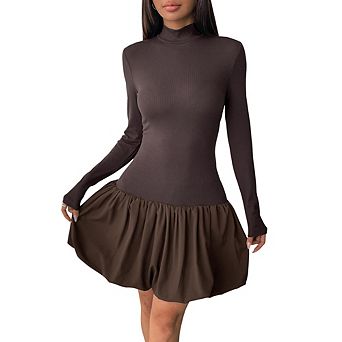 Women's Turtleneck Ribbed Long Sleeve Mini Dress High Waist Flared Ruffle Bodycon Party Dress