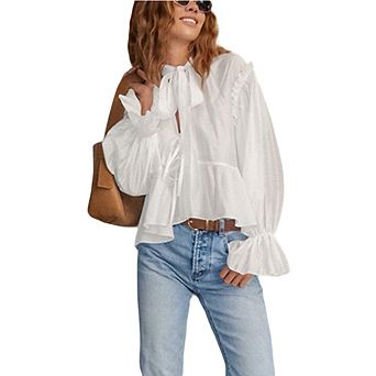 Women's Tie-Neck Puff Sleeve Blouse Ruffled Bell Cuff Peplum Top