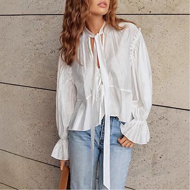 Women's Tie-Neck Puff Sleeve Blouse Ruffled Bell Cuff Peplum Top