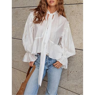 Women's Tie-Neck Puff Sleeve Blouse Ruffled Bell Cuff Peplum Top