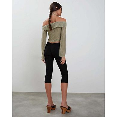 Women's Off-Shoulder Rib Knit Crop Top Long Sleeve Slim-Fit Blouse