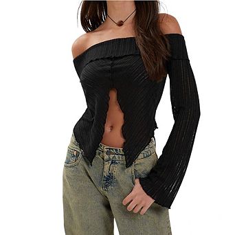 Women's Off-Shoulder Rib Knit Crop Top Long Sleeve Slim-Fit Blouse