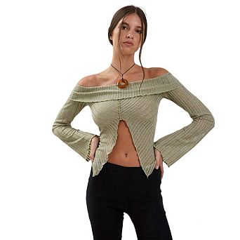 Women's Off-Shoulder Rib Knit Crop Top Long Sleeve Slim-Fit Blouse