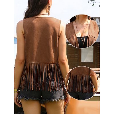 western style tassel brown suede vest mini dress Women's Western Suede Fringe Vest  Camel Brown Leather  sheepskinleathers