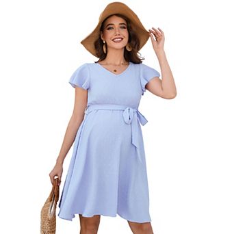 Maternity V Neck Dot Dress Casual A-Line Short Ruffle Cap Sleeve Flowy Midi Dress With Belt