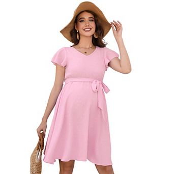 Maternity V Neck Dot Dress Casual A-Line Short Ruffle Cap Sleeve Flowy Midi Dress With Belt