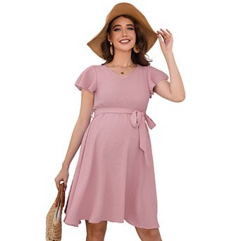 Maternity V Neck Dot Dress Casual A-Line Short Ruffle Cap Sleeve Flowy Midi Dress With Belt