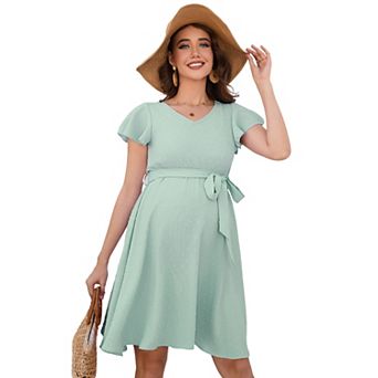 Maternity V Neck Dot Dress Casual A-Line Short Ruffle Cap Sleeve Flowy Midi Dress With Belt