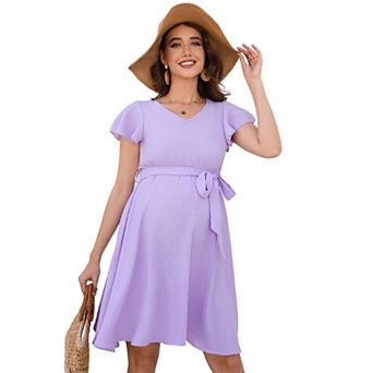 Maternity V Neck Dot Dress Casual A-Line Short Ruffle Cap Sleeve Flowy Midi Dress With Belt