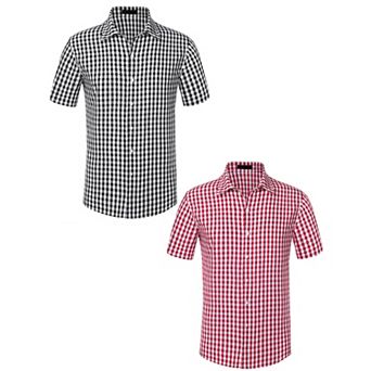 2 Packs Checked Shirts for Men's Short Sleeves Button Formal Plaid Tartan Dress Shirt