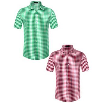 2 Packs Checked Shirts for Men's Short Sleeves Button Formal Plaid Tartan Dress Shirt