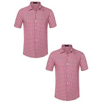 2 Packs Checked Shirts for Men's Short Sleeves Button Formal Plaid Tartan Dress Shirt
