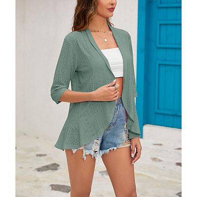 Women's Spring Cardigan 3/4 Sleeve Open Front Jacquard Weave with Flounce Hem