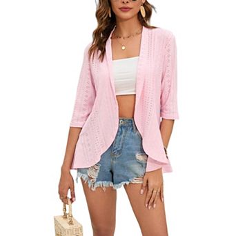 Women's Spring Cardigan 3/4 Sleeve Open Front Jacquard Weave with Flounce Hem