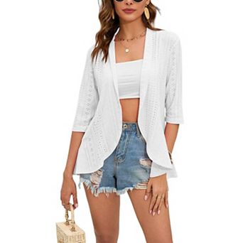 Women's Spring Cardigan 3/4 Sleeve Open Front Jacquard Weave with Flounce Hem